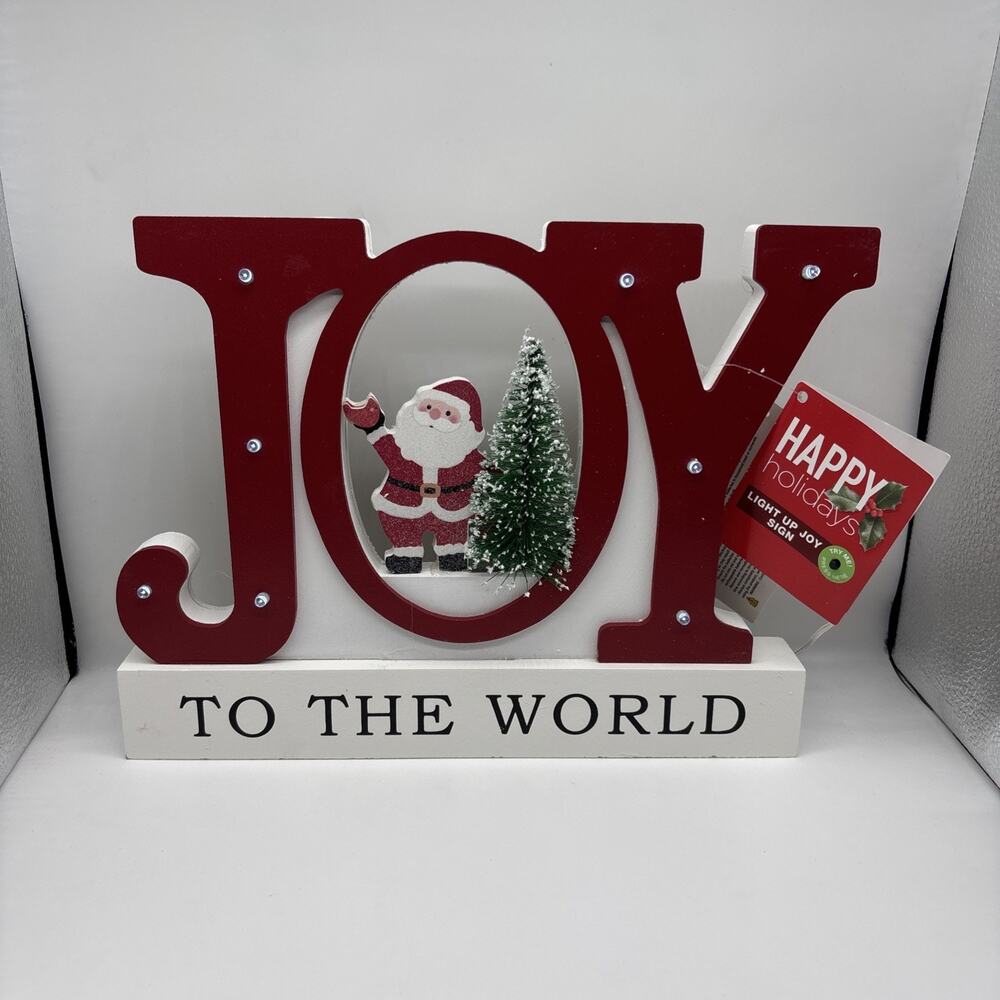 Happy Holidays “JoY” Light Up Sign Christmas Tree Santa Home Table Decor New